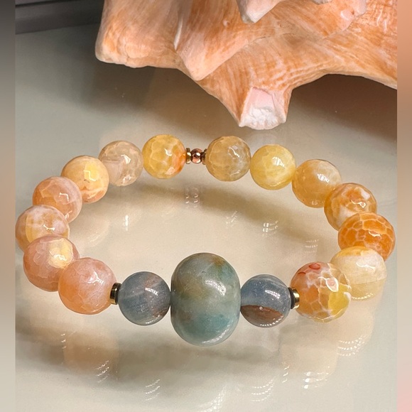 YELLO FIRE AGATE + AMAZONITE + LEMURIAN NATURAL STONES BRACELET size 7” - Picture 5 of 12